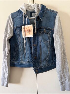 Wax Jean Blue Denim Jacket with Light Gray Hoodie Sleeves